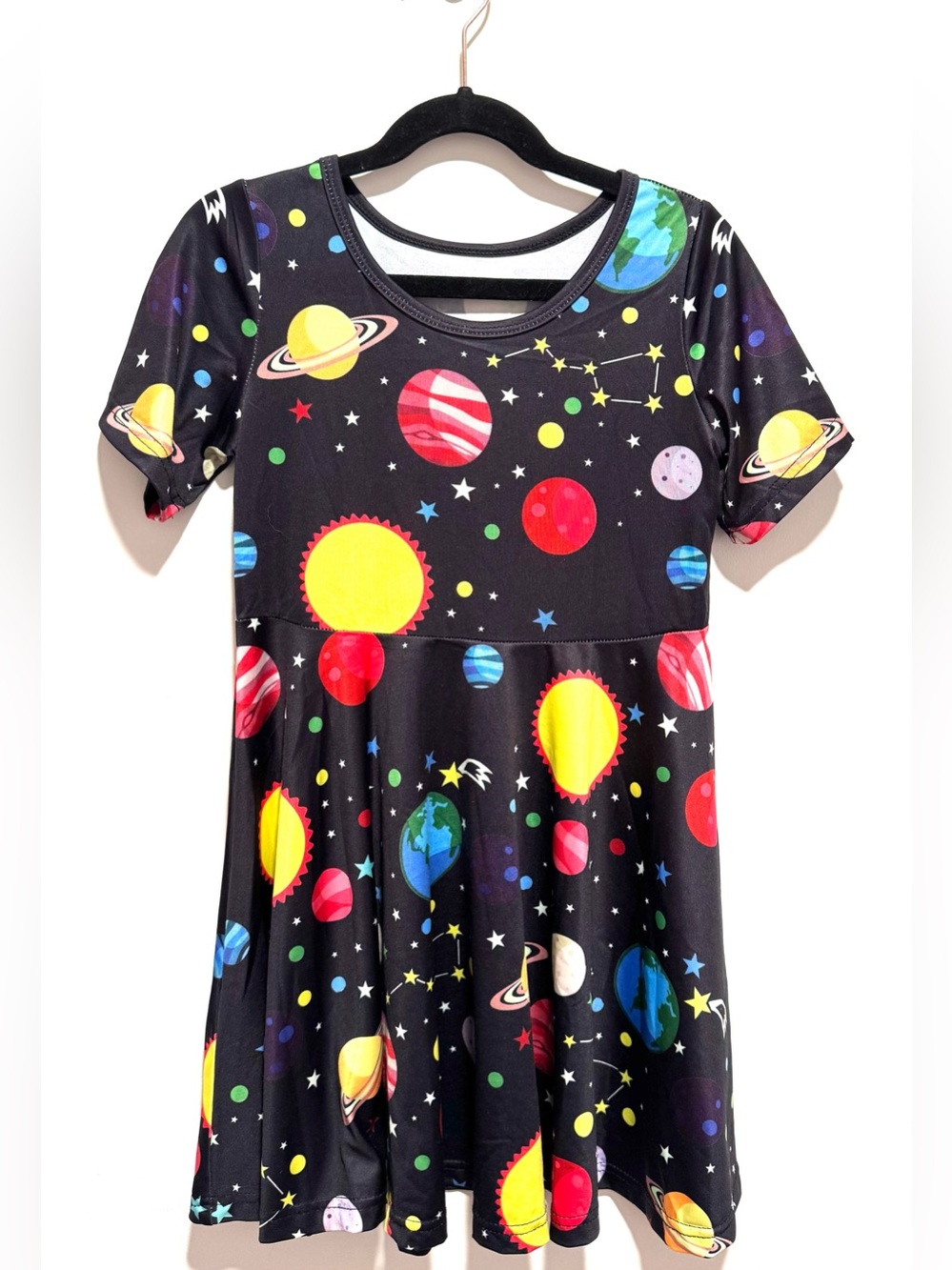 Girls Space Print Twirl Dress Black Short Sleeve Skater Dress Planets Stars 7/8🪐